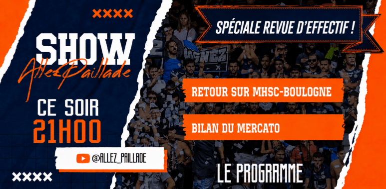 Bold sports banner promoting a football show with orange accents, torn edges, and crowd background. Titles include 'Speciale Revue d'effectif!' and orange text blocks.