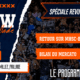 Bold sports banner promoting a football show with orange accents, torn edges, and crowd background. Titles include 'Speciale Revue d'effectif!' and orange text blocks.