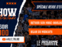 Bold sports banner promoting a football show with orange accents, torn edges, and crowd background. Titles include 'Speciale Revue d'effectif!' and orange text blocks.