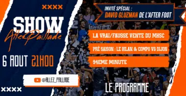 Promotional poster for 'Show Allez Paillade' with blue/orange torn-paper design and crowd background.