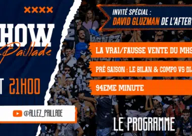 Promotional poster for 'Show Allez Paillade' with blue/orange torn-paper design and crowd background.