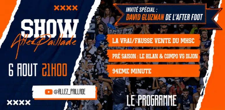 ChatGPT Image 6 août 2026 10_41_21 | AllezPaillade.com Promotional poster for 'Show Allez Paillade' with blue/orange torn-paper design and crowd background.