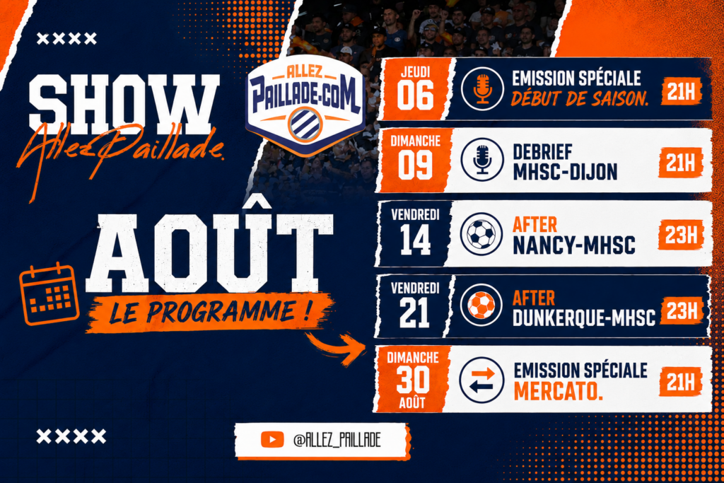 ChatGPT Image 6 août 2026 10_54_03 | AllezPaillade.com Poster announcing August schedule of events with orange and blue design and dates on the right side.