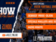 Colorful sports show poster with torn blue and orange panels listing segments over a crowd background, promoting a TV program.