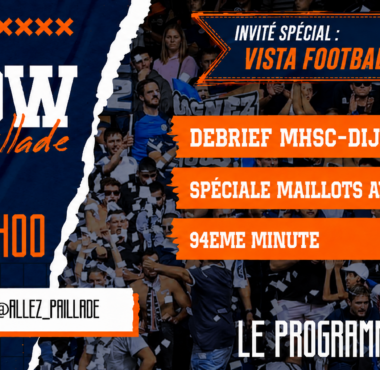 Colorful sports show poster with torn blue and orange panels listing segments over a crowd background, promoting a TV program.