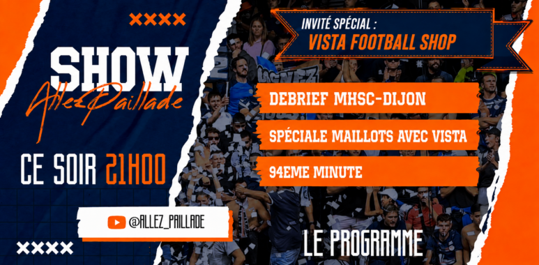 ChatGPT Image 9 août 2026 08_03_29 | AllezPaillade.com Colorful sports show poster with torn blue and orange panels listing segments over a crowd background, promoting a TV program.