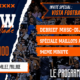 Colorful sports show poster with torn blue and orange panels listing segments over a crowd background, promoting a TV program.