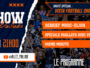 Colorful sports show poster with torn blue and orange panels listing segments over a crowd background, promoting a TV program.
