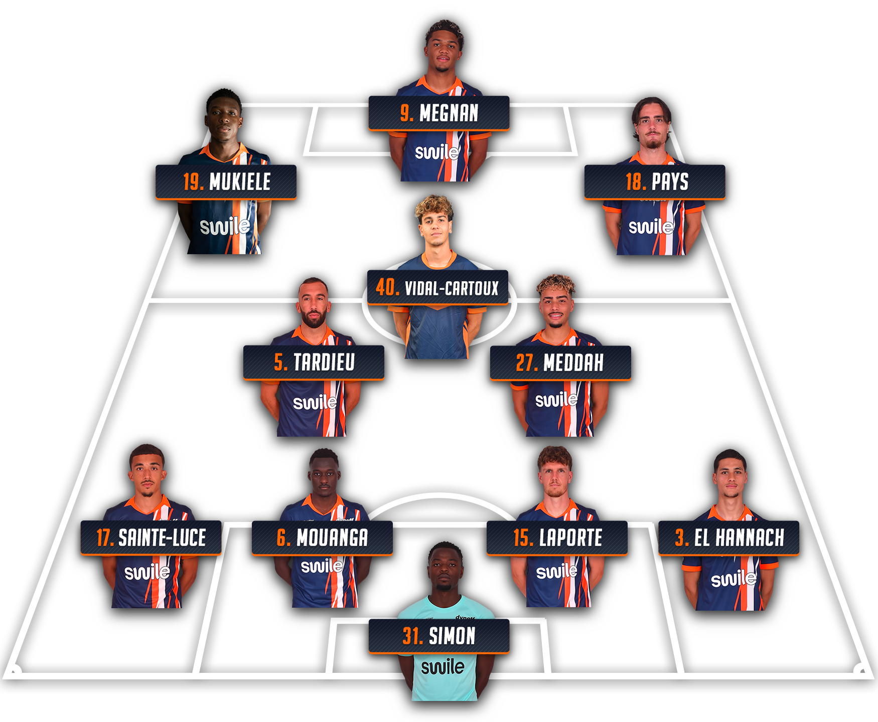 Compo-mhsc-usbco-26-27-2 | AllezPaillade.com Football lineup graphic showing players in formation with numbers and names (e.g., 9 Megnan, 19 Mukiele, 18 Pays, 40 Vidal-Cartoux).