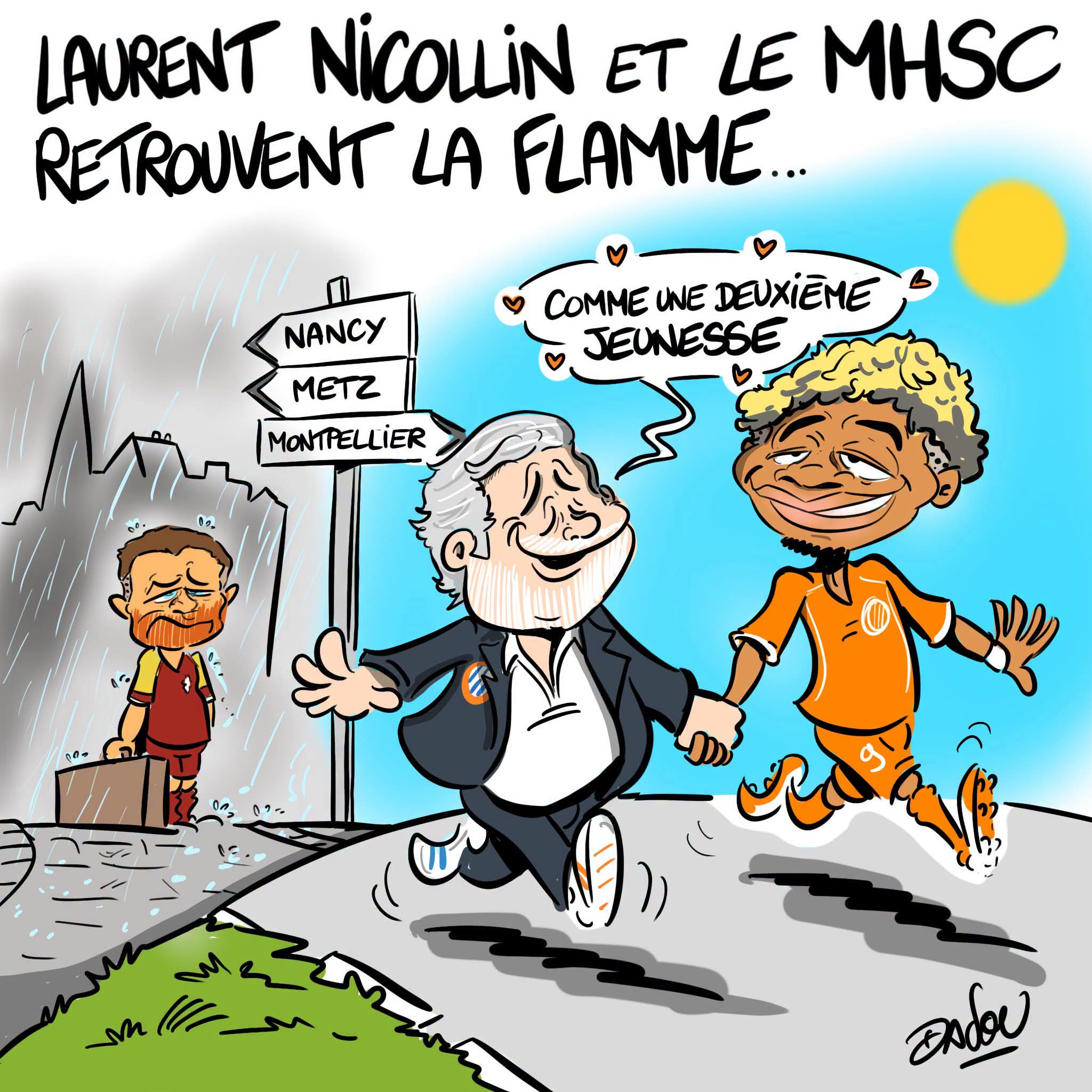 FB_IMG_1786912690666 | AllezPaillade.com Cartoon with people running under a sunny sky; road signs point to Nancy, Metz, Montpellier; a rain scene on the left contrasts with sunshine; speech bubble reads 'Comme une deuxième jeunesse'.