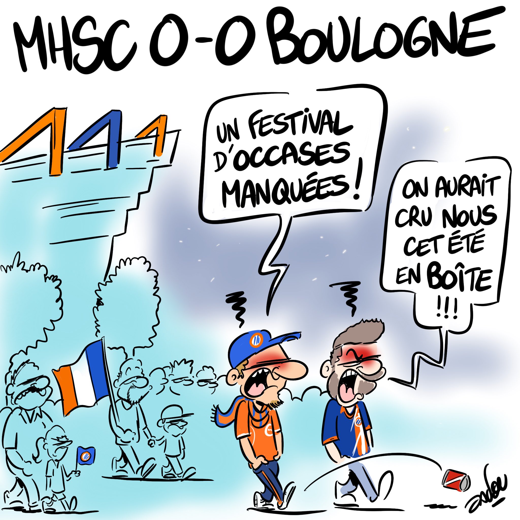 Comic-style illustration showing people in blue and orange outfits at a crowded outdoor festival, with speech bubbles and handwritten signs in a windy, energetic scene.