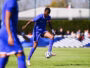 Soccer player in blue jersey controlling a ball on a grassy field with teammates and spectators in the background