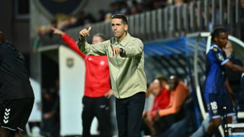 Football coach on the sideline gesturing with both hands during a match, crowd in stands behind him.