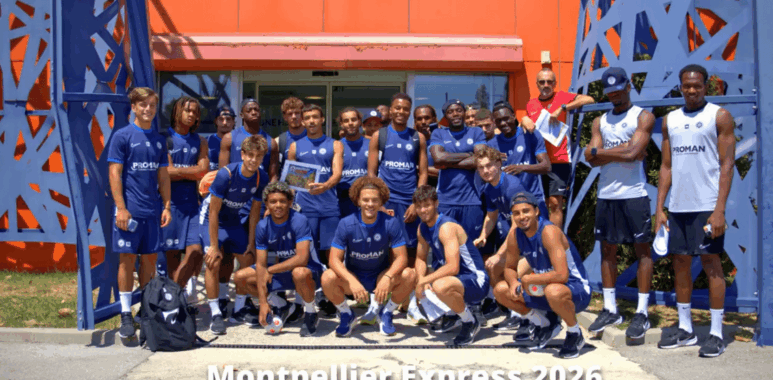 Group of young male athletes in matching blue uniforms posing for a team photo outside a building with orange walls and blue lattice structures; caption reads Montpellier Express 2026.