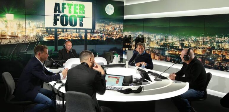 Five men in a podcast studio around a circular table with microphones and laptops, a night city backdrop and an 'AFTER FOOT' sign.