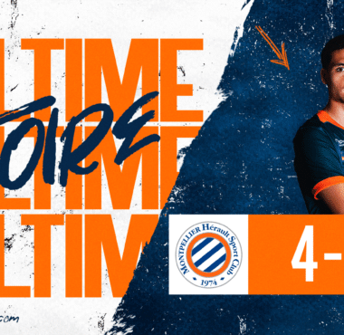 Full-time result: Montpellier H&eacute;rault SC 4, Rodez AF 2, with a player portrait on the right and team crests visible.