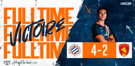 Full-time result: Montpellier H&eacute;rault SC 4, Rodez AF 2, with a player portrait on the right and team crests visible.