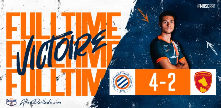 amical-mhsc-raf-visuel-apres-match | AllezPaillade.com Full-time result: Montpellier Hérault SC 4, Rodez AF 2, with a player portrait on the right and team crests visible.