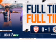 Soccer player in a blue jersey and orange shorts on the left with a bold 'FULL TIME' banner on the right, score area visible below.