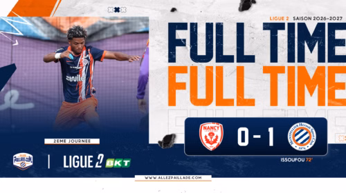 Soccer player in a blue jersey and orange shorts on the left with a bold 'FULL TIME' banner on the right, score area visible below.