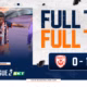 Soccer player in a blue jersey and orange shorts on the left with a bold 'FULL TIME' banner on the right, score area visible below.