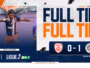 Soccer player in a blue jersey and orange shorts on the left with a bold 'FULL TIME' banner on the right, score area visible below.