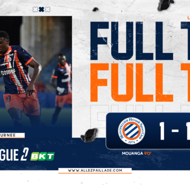 Soccer match banner with two players in action on left and large 'FULL TIME' text on right.