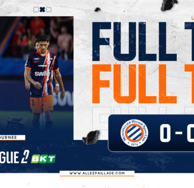 Ligue 2 match banner with two players in blue and orange, and bold 'FULL TIME' text; score is 0-0.