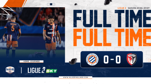 Ligue 2 match banner with two players in blue and orange, and bold 'FULL TIME' text; score is 0-0.