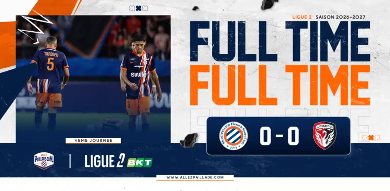 apres-match-mhsc-usbco-26-27 | AllezPaillade.com Ligue 2 match banner with two players in blue and orange, and bold 'FULL TIME' text; score is 0-0.