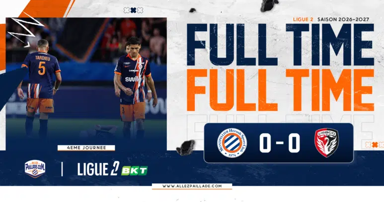 Ligue 2 match banner with two players in blue and orange, and bold 'FULL TIME' text; score is 0-0.