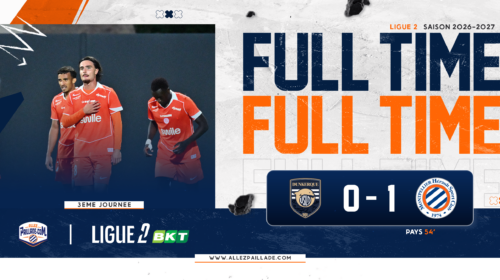 Ligue 2 banner with three orange-jersey players on the left and a bold navy and orange 'FULL TIME' headline on the right, score 0&ndash;1 at bottom.