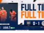 Ligue 2 banner with three orange-jersey players on the left and a bold navy and orange 'FULL TIME' headline on the right, score 0&ndash;1 at bottom.