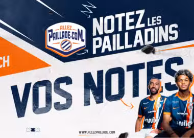 Promo banner for Allez Paillade with 'Apr&egrave;s Match' and 'Vos Notes' featuring three Pailllade players, Ligue 2 branding.