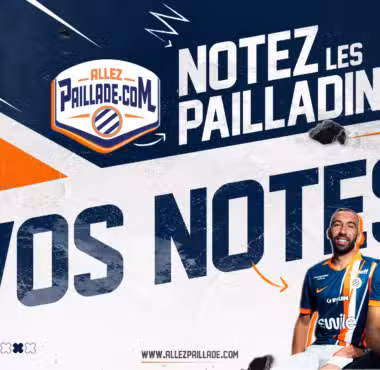 Promo banner for Allez Paillade with 'Apr&egrave;s Match' and 'Vos Notes' featuring three Pailllade players, Ligue 2 branding.
