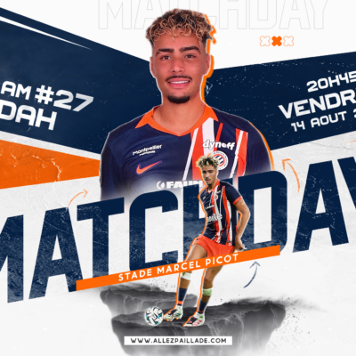 Promotional football poster announcing a matchday, featuring player Daylam #27 Meddah and large 'MATCHDAY' text with team logos on the right.