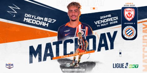 Promotional football poster announcing a matchday, featuring player Daylam #27 Meddah and large 'MATCHDAY' text with team logos on the right.