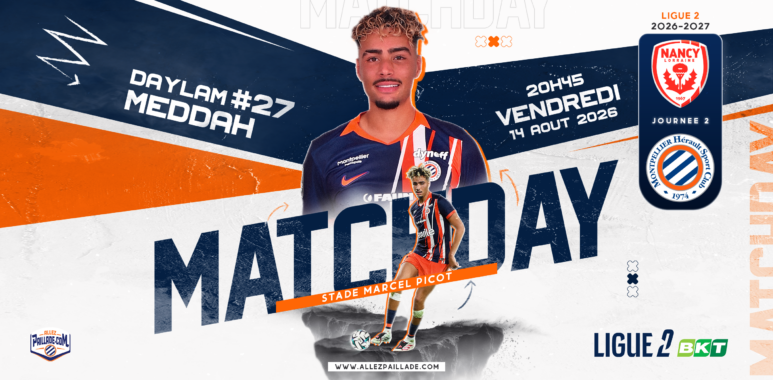 avant-match-asnl-mhsc-26-27 | AllezPaillade.com Promotional football poster announcing a matchday, featuring player Daylam #27 Meddah and large 'MATCHDAY' text with team logos on the right.