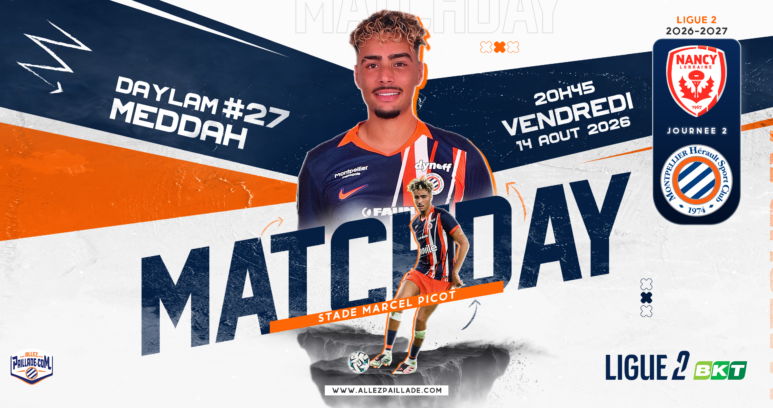 Promotional football poster announcing a matchday, featuring player Daylam #27 Meddah and large 'MATCHDAY' text with team logos on the right.