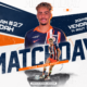 Promotional football poster announcing a matchday, featuring player Daylam #27 Meddah and large 'MATCHDAY' text with team logos on the right.