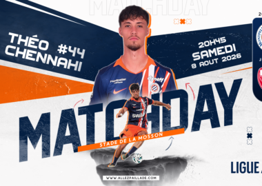 avant-match-mhsc-dfco-26-27 | AllezPaillade.com Promotional poster for a Ligue 2 football match at Stade de la Mosson on Saturday 8 Aug 2026, featuring a player in blue‑orange kit and team logos (Montpellier and DFCO).