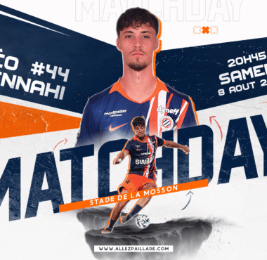 Promotional poster for a Ligue 2 football match at Stade de la Mosson on Saturday 8 Aug 2026, featuring a player in blue‑orange kit and team logos (Montpellier and DFCO).