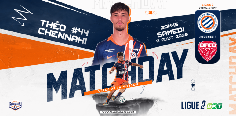 Promotional poster for a Ligue 2 football match at Stade de la Mosson on Saturday 8 Aug 2026, featuring a player in blue‑orange kit and team logos (Montpellier and DFCO).