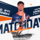 Promotional poster for a Ligue 2 football match at Stade de la Mosson on Saturday 8 Aug 2026, featuring a player in blue‑orange kit and team logos (Montpellier and DFCO).