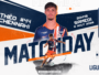 Promotional poster for a Ligue 2 football match at Stade de la Mosson on Saturday 8 Aug 2026, featuring a player in blue‑orange kit and team logos (Montpellier and DFCO).