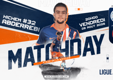 Promotional Ligue 2 poster featuring Montpellier H&eacute;rault SC player in blue-orange kit with match date August 28, 2026.