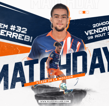 Promotional Ligue 2 poster featuring Montpellier H&eacute;rault SC player in blue-orange kit with match date August 28, 2026.