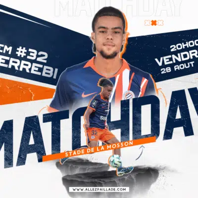 Promotional Ligue 2 poster featuring Montpellier H&eacute;rault SC player in blue-orange kit with match date August 28, 2026.