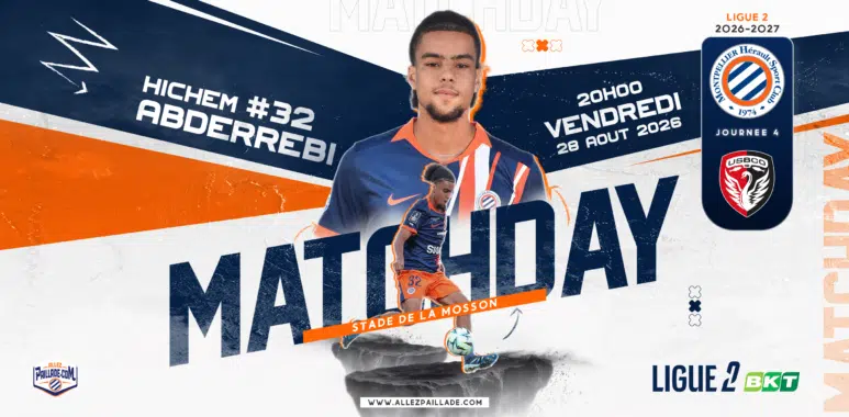 avant-match-mhsc-usbco-26-27 | AllezPaillade.com Promotional Ligue 2 poster featuring Montpellier Hérault SC player in blue-orange kit with match date August 28, 2026.