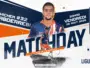 Promotional Ligue 2 poster featuring Montpellier H&eacute;rault SC player in blue-orange kit with match date August 28, 2026.